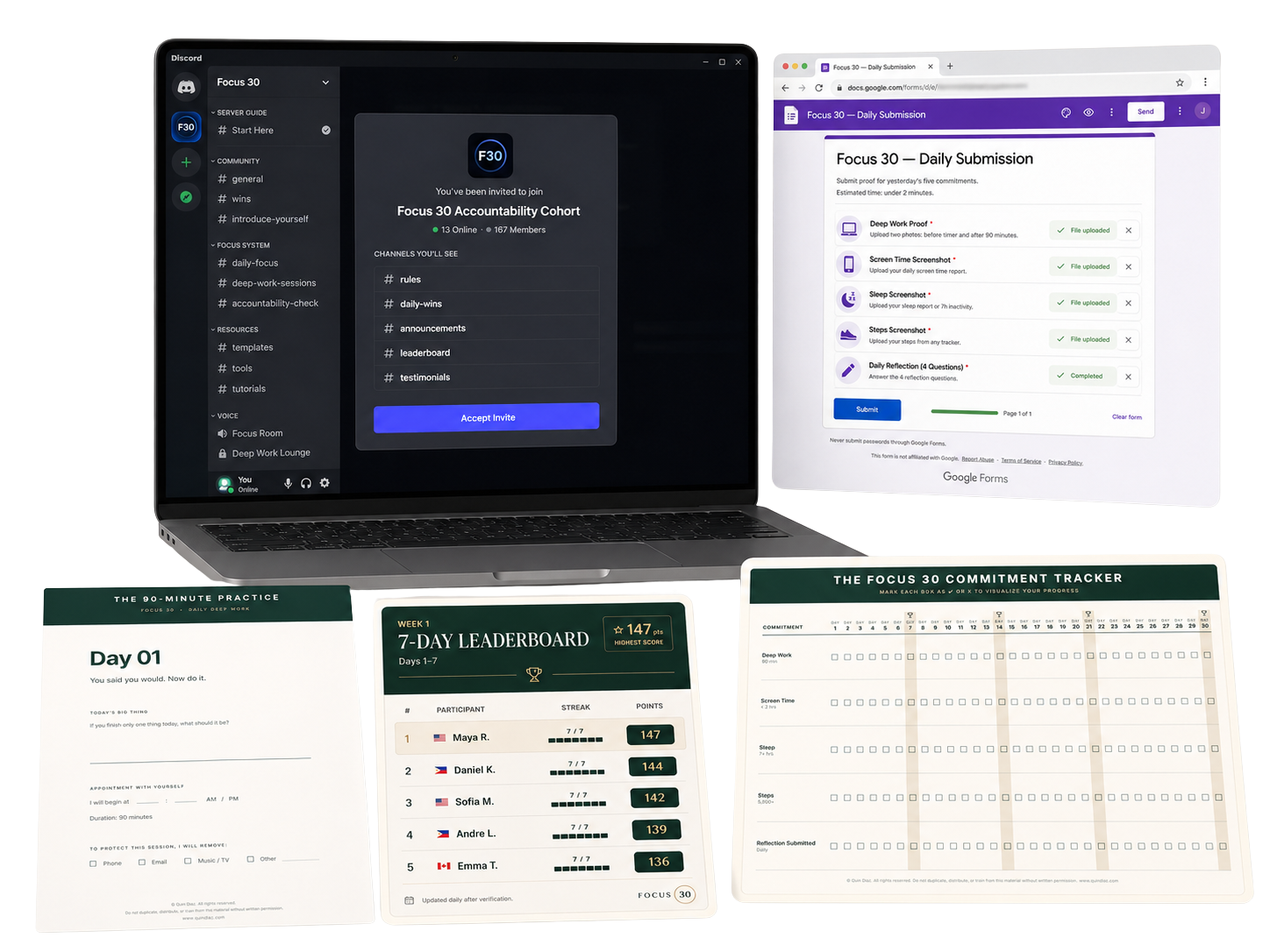 Focus 30 Discord community, daily submission form, leaderboard, journal, and commitment tracker