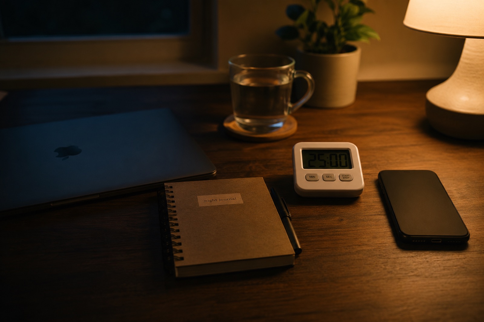 A desk at night with a closed laptop, a night journal, a timer and a phone face-down.