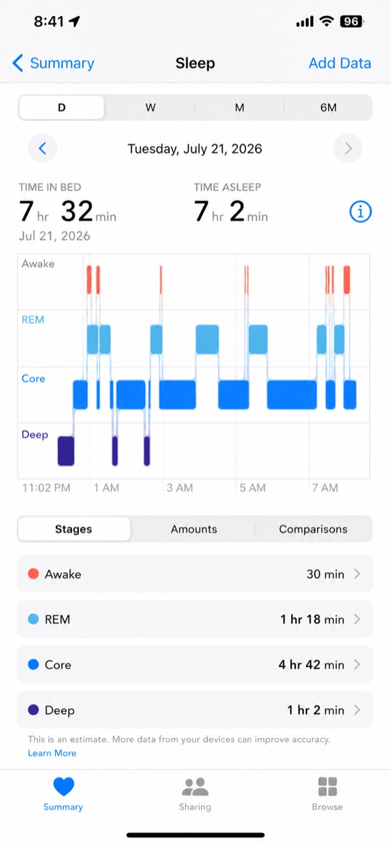 Phone screenshot of a sleep tracking app.