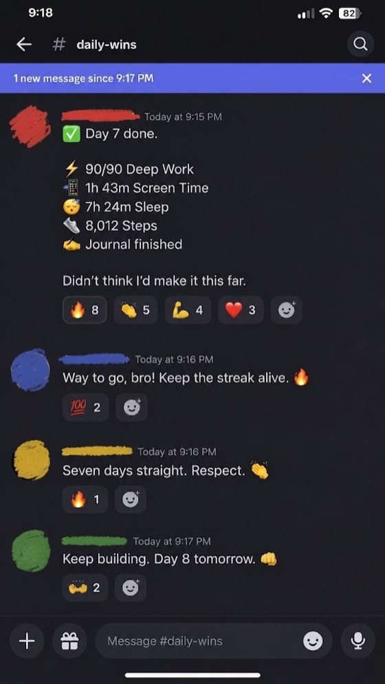 Discord message: Day 7 done, with the five daily habits listed and reactions from the cohort.