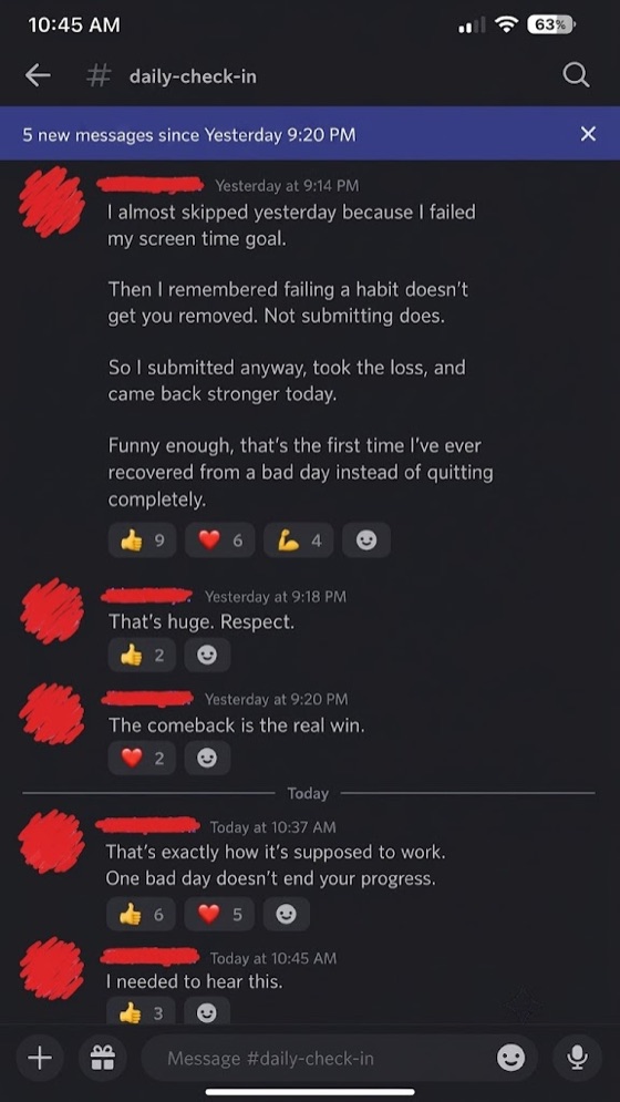 Discord messages from participants encouraging each other.