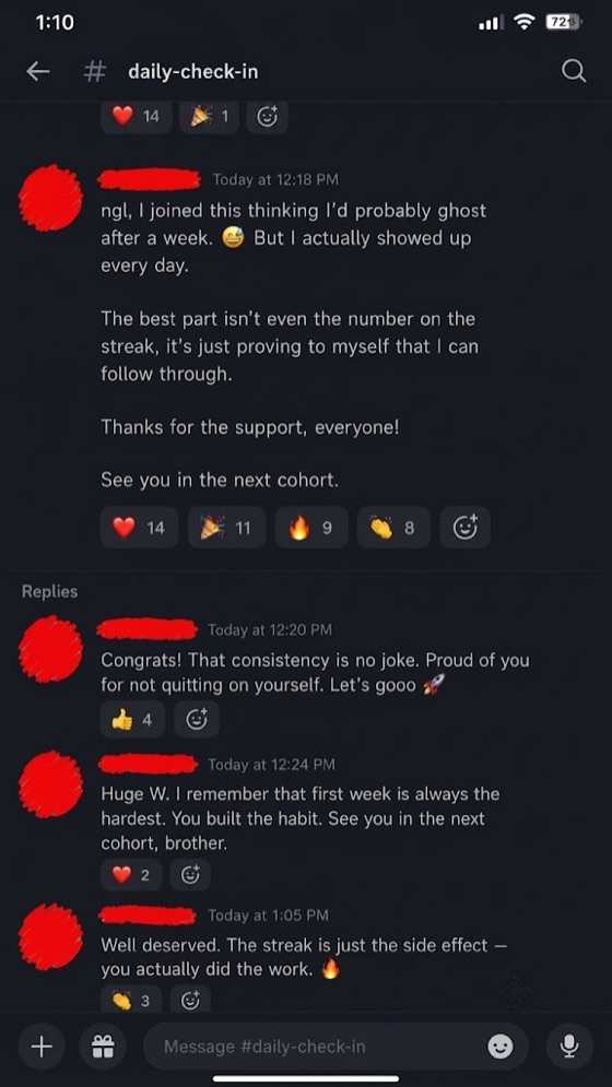 Discord messages from participants posting daily submissions.